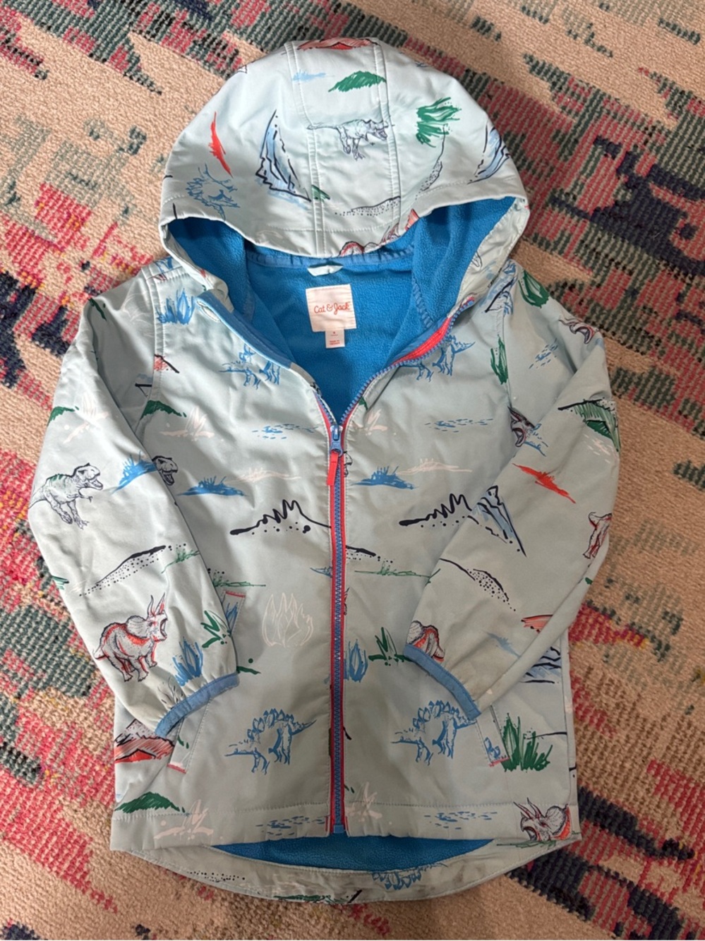 Cat & Jack Light Blue Hooded Dinosaur Rain Jacket with Bright Blue Lining